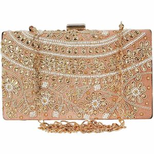 Ethnic Beaded And Embroidered Party Clutch Peach & Gold