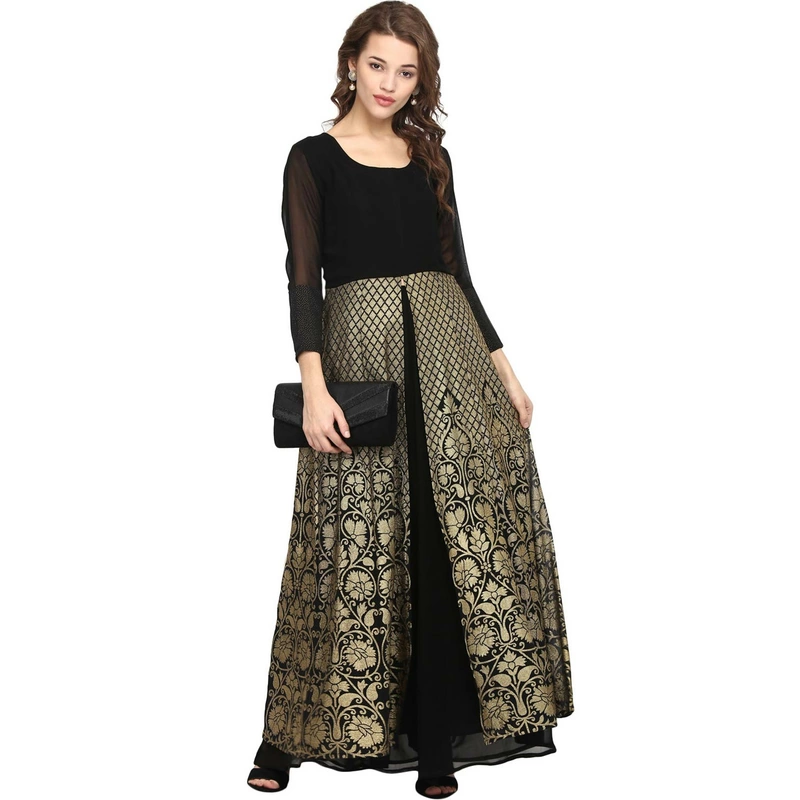 Women Black Georgette Gold Print Dress