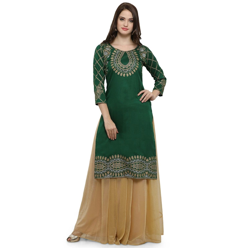 Women Green Poly Silk Gold Foil Print Kurta Top